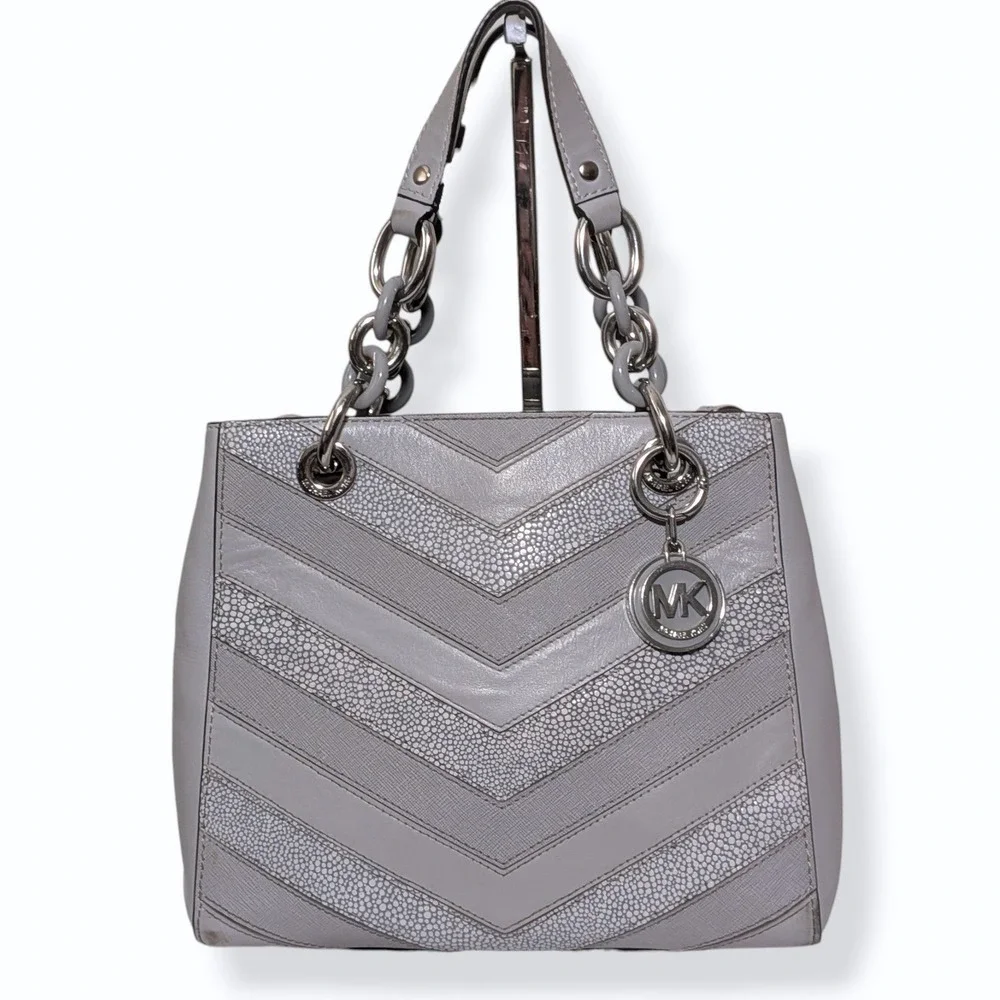 Michael Kors Cynthia Satchel Grey Chevron Leather Convertible Crossbody Bag
